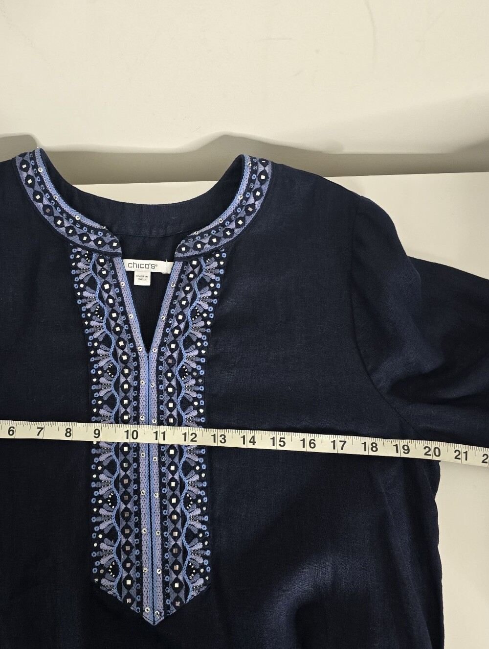 Chico's Navy Blue Embroidered Beaded Linen Tunic Dress Boho Size 1 US 8 Pockets - Picture 11 of 15